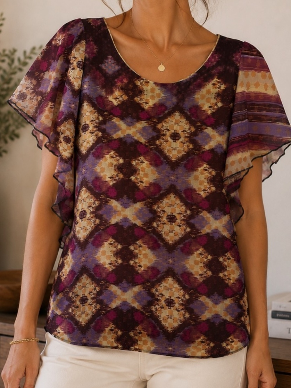 Susan Lawrence Blouse Womens Size Small Multicolor Feminine Ruffle Boho